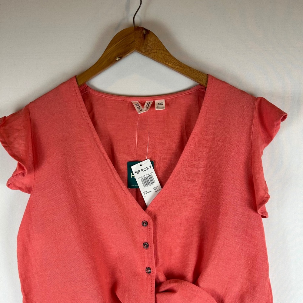 NWT Roxy Women's XL Sweeter Than This Button Up Tie Front Ruffle Sleeve Top - Picture 11 of 15